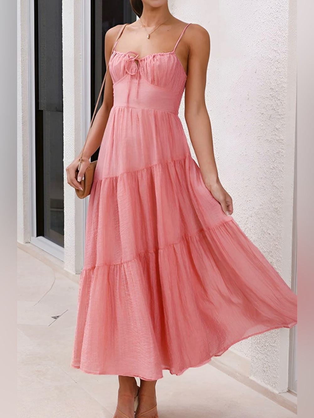 Commense Semi-Sheer Back Smocking Design Tiered Cami Long Dress - L